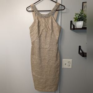 Eliza J Pearly-Cream Bodycon Dress with Jeweled Neckline